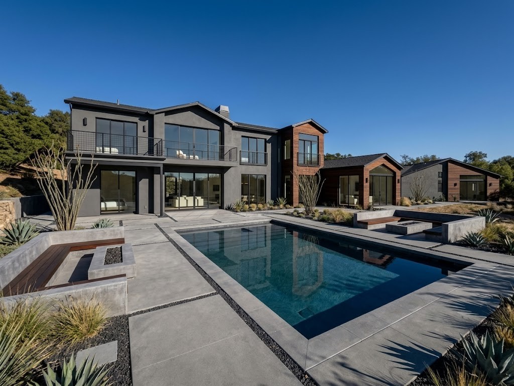 Completed custom home with finished pool and landscaping